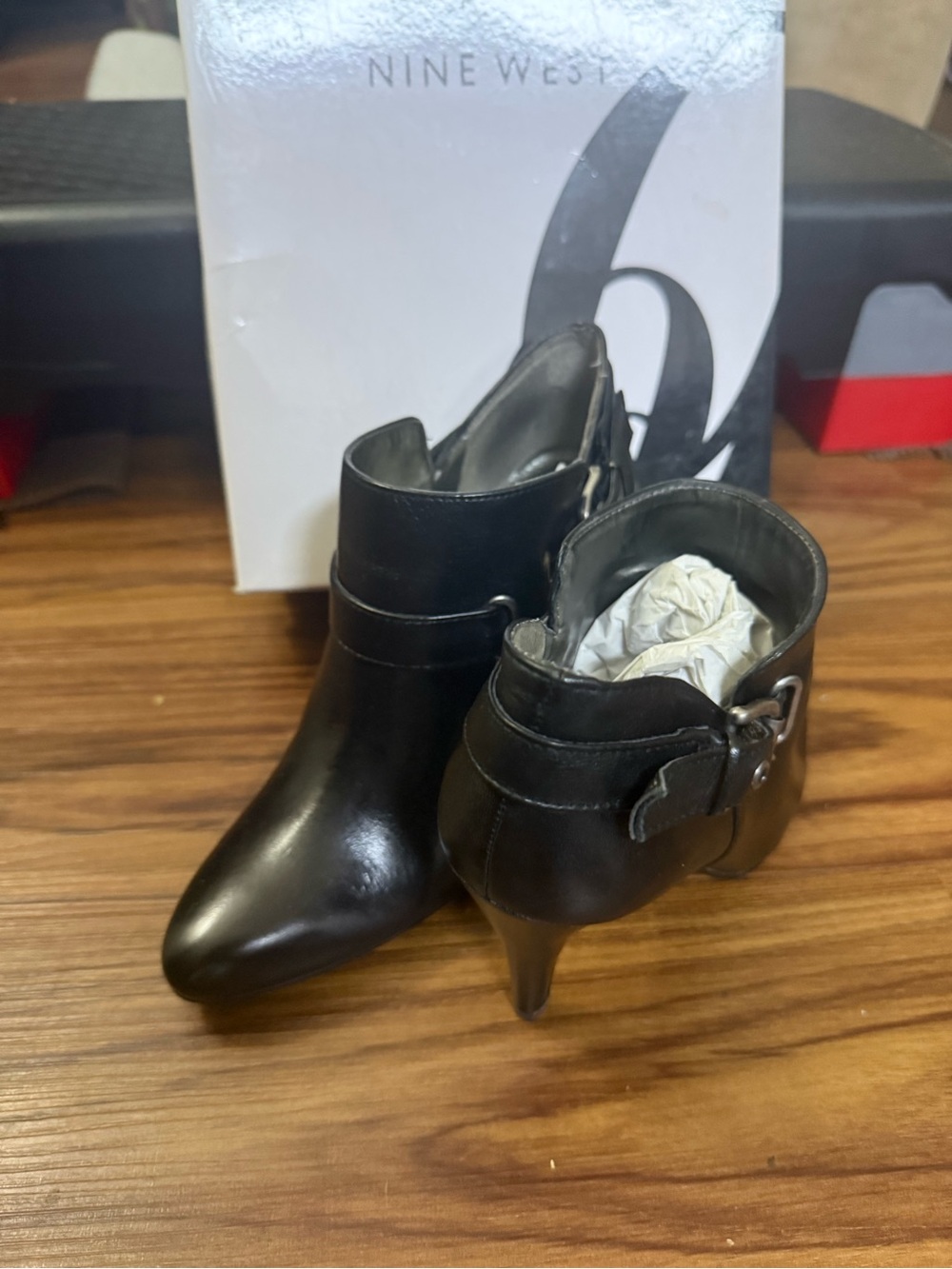 Nine West Black Leather Pointed-Toe Ankle Booties with Buckle